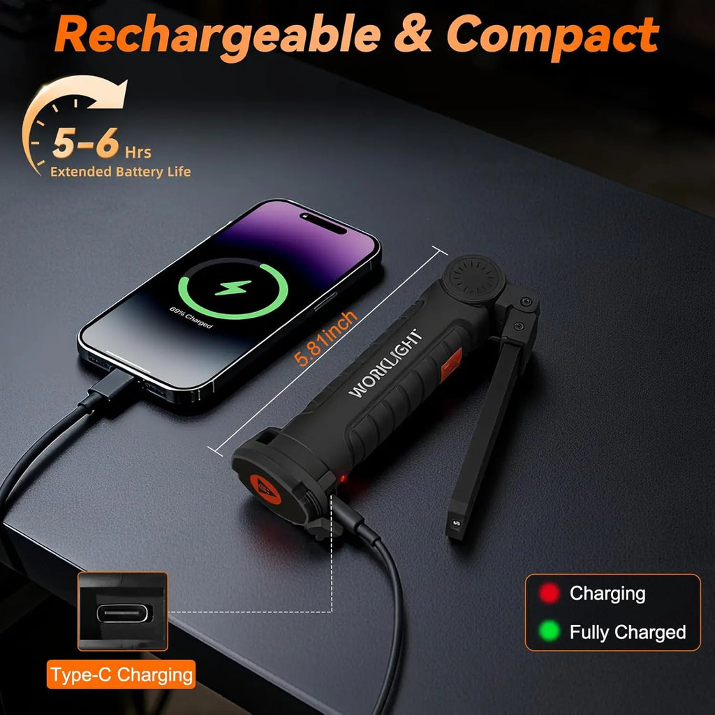 360° Rotating LED Work Light Sets 5 Modes USB Rechargeable Magnetic Base Hanging Hook Waterproof for Garage Auto Repair Camping
